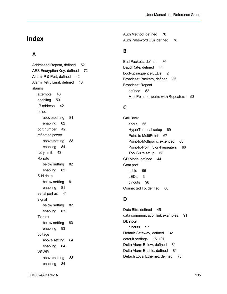 Index | Baseline Systems FreeWave Ethernet Radio User Manual | Page 151 / 160