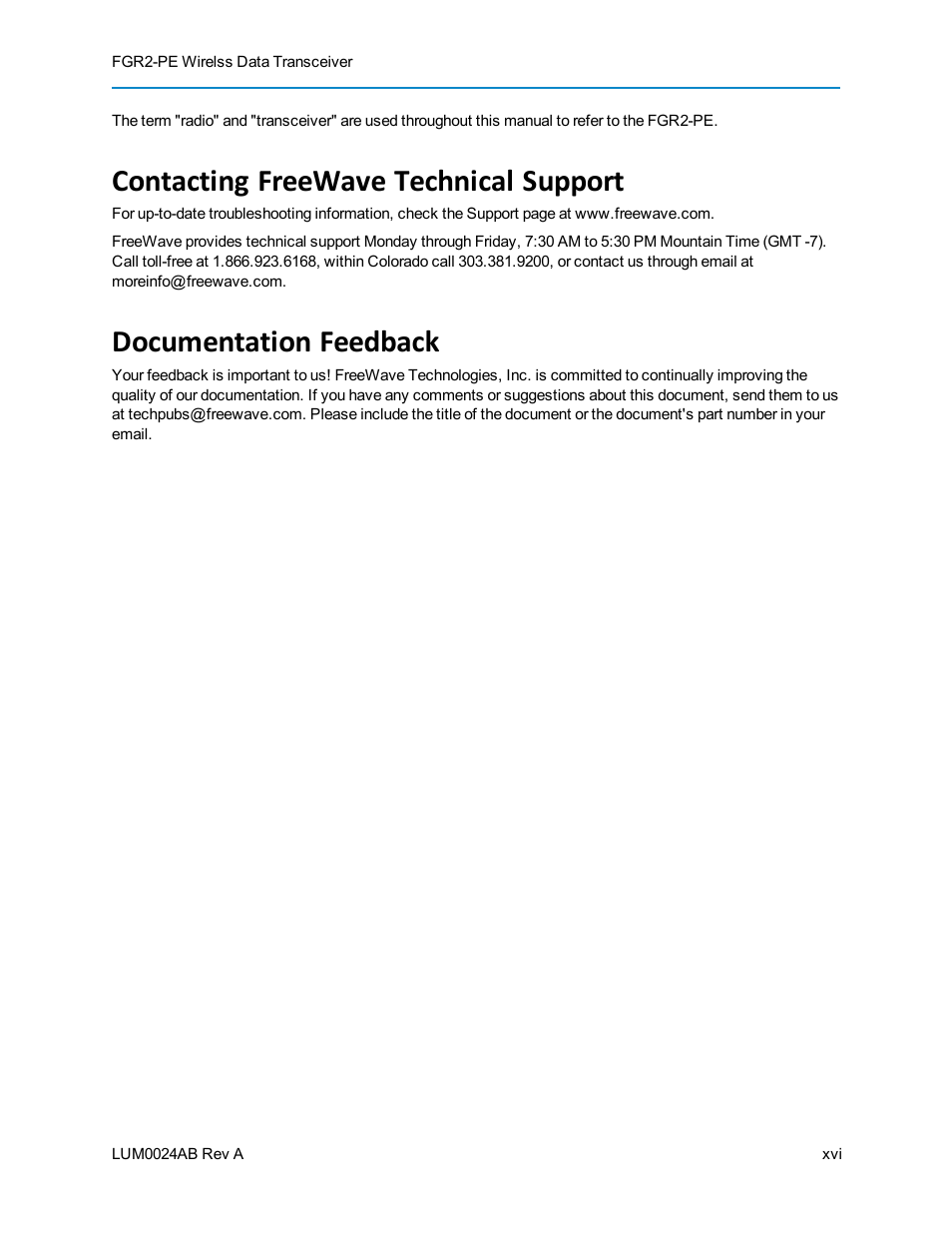 Contacting freewave technical support, Documentation feedback | Baseline Systems FreeWave Ethernet Radio User Manual | Page 16 / 160