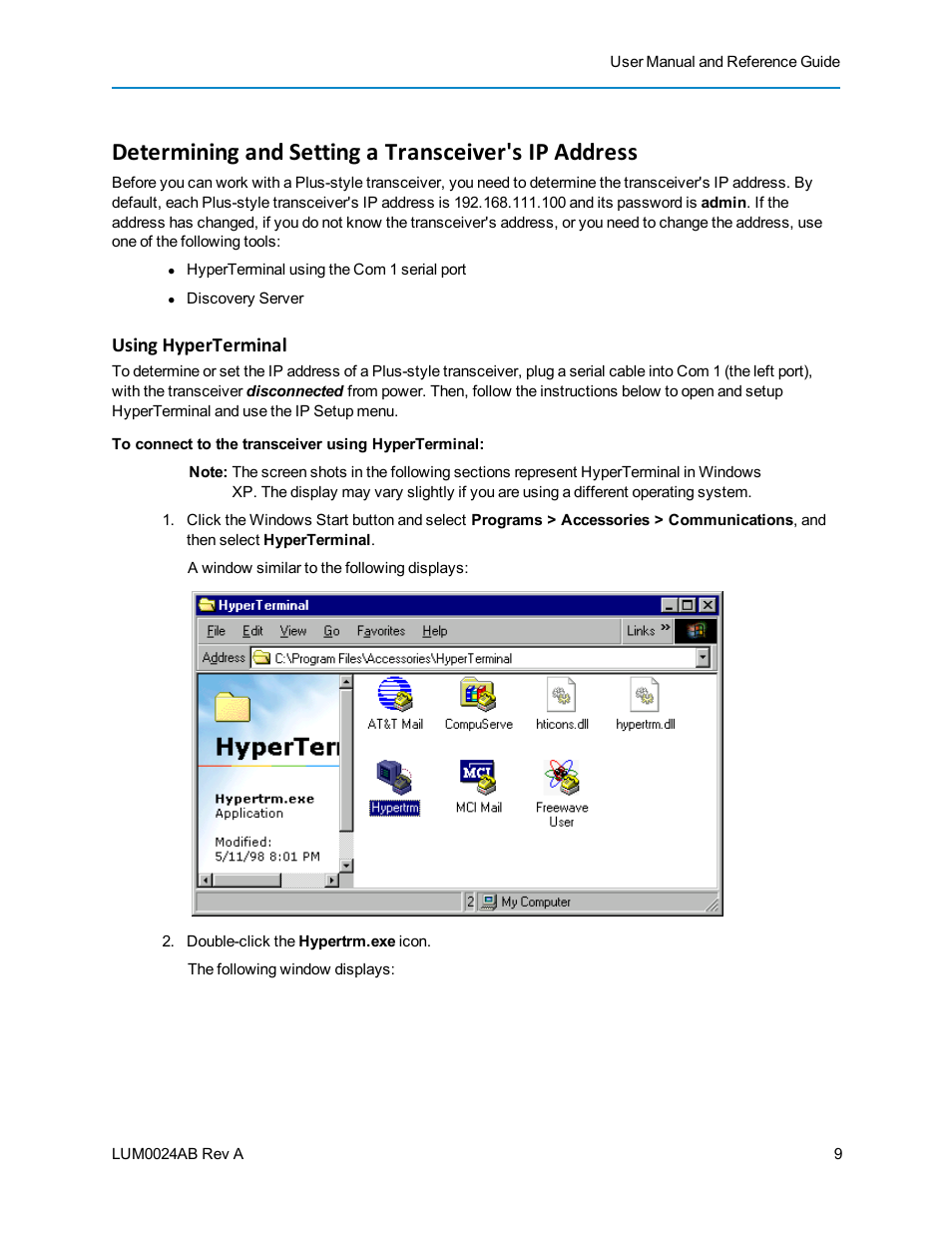 Determining and setting a transceiver's ip address, Using hyperterminal | Baseline Systems FreeWave Ethernet Radio User Manual | Page 25 / 160