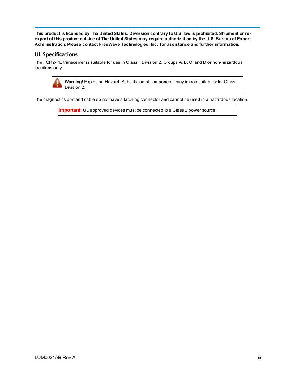 Ul specifications | Baseline Systems FreeWave Ethernet Radio User Manual | Page 3 / 160