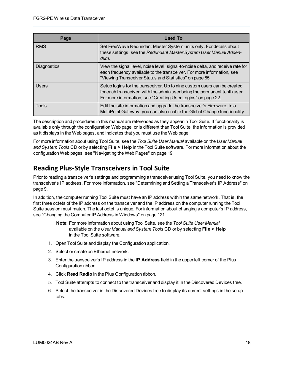 Reading plus-style transceivers in tool suite | Baseline Systems FreeWave Ethernet Radio User Manual | Page 34 / 160