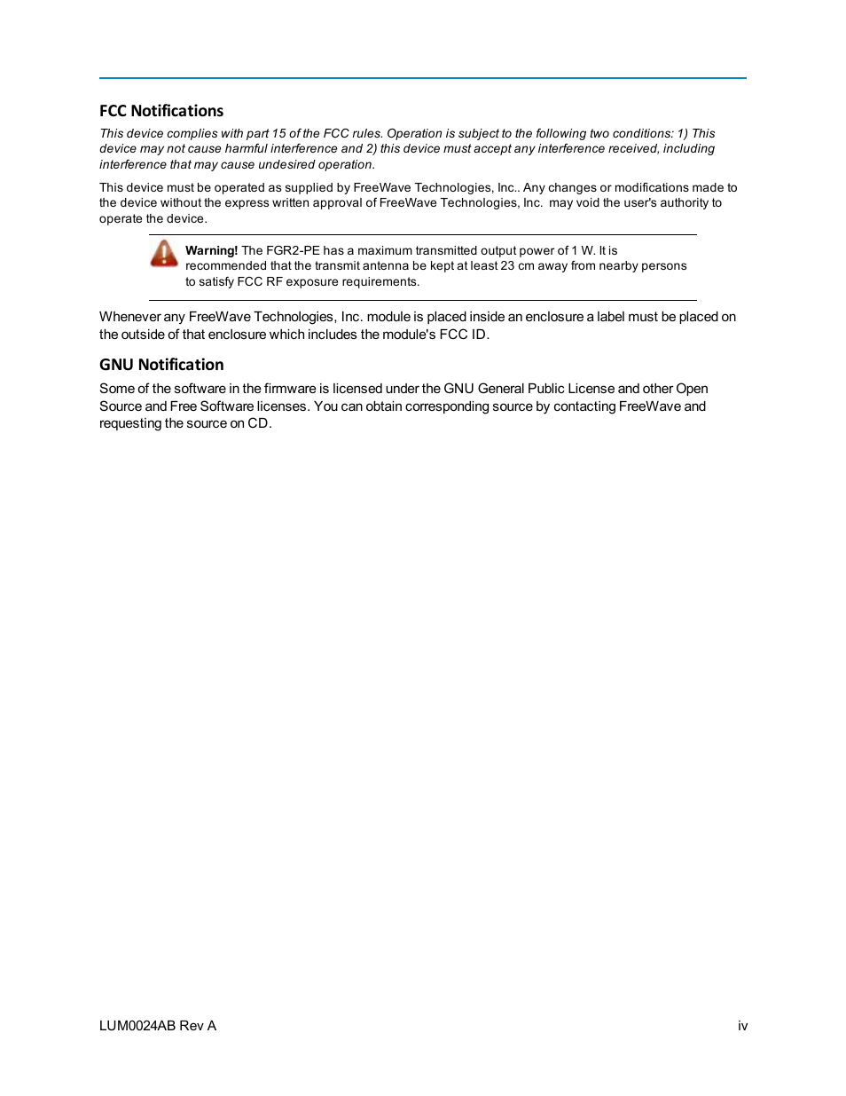 Fcc notifications, Gnu notification | Baseline Systems FreeWave Ethernet Radio User Manual | Page 4 / 160