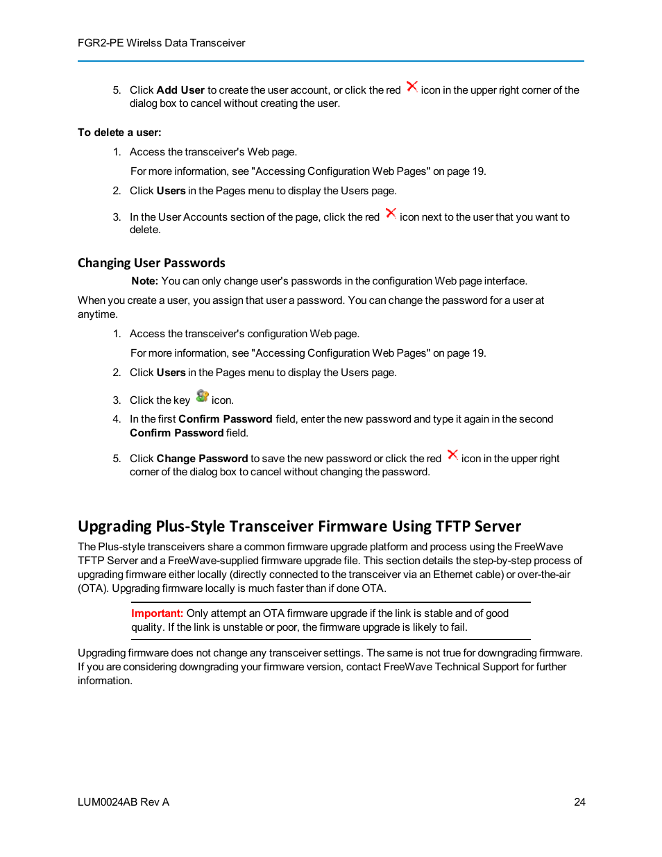 Changing user passwords | Baseline Systems FreeWave Ethernet Radio User Manual | Page 40 / 160