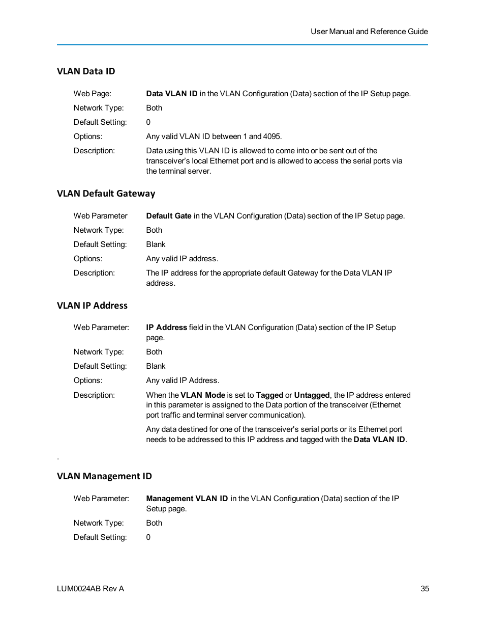 Vlan data id, Vlan default gateway, Vlan ip address | Vlan management id | Baseline Systems FreeWave Ethernet Radio User Manual | Page 51 / 160