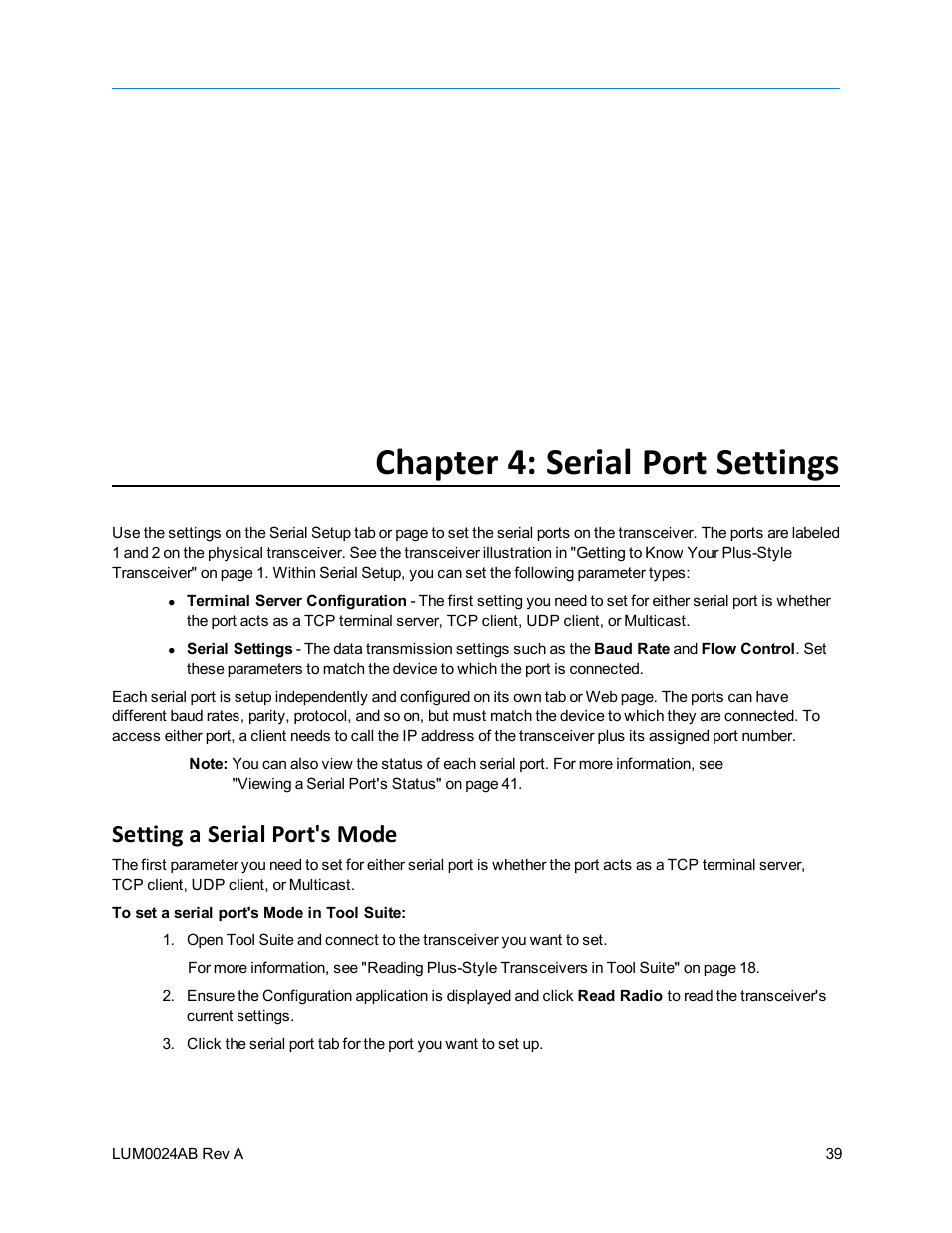 Chapter 4: serial port settings, Setting a serial port's mode | Baseline Systems FreeWave Ethernet Radio User Manual | Page 55 / 160