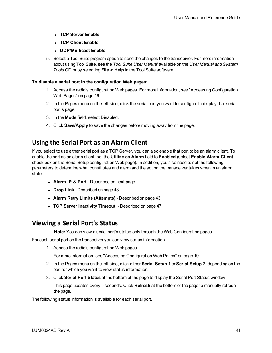 Using the serial port as an alarm client, Viewing a serial port's status | Baseline Systems FreeWave Ethernet Radio User Manual | Page 57 / 160