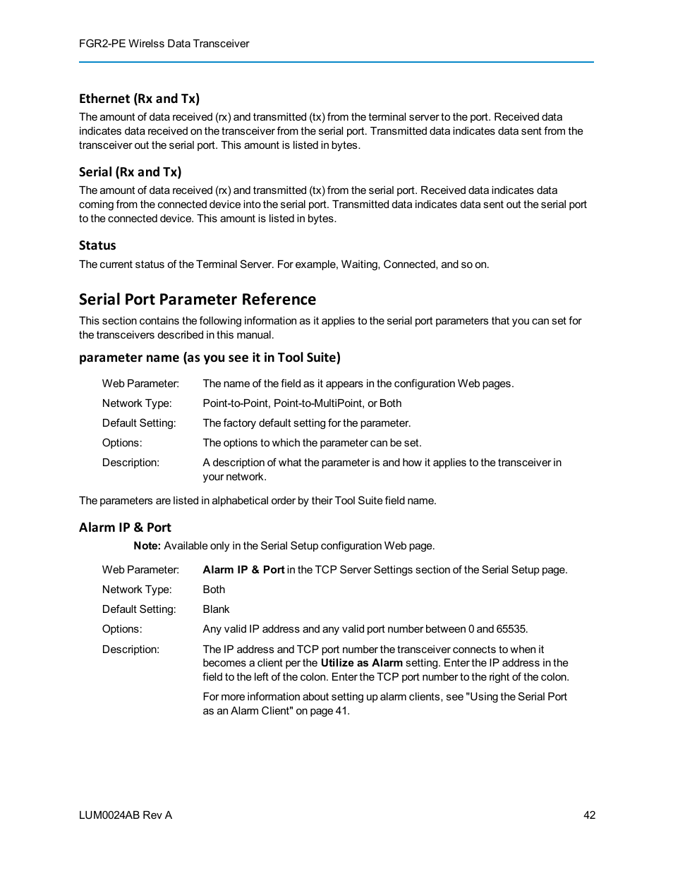Ethernet (rx and tx), Serial (rx and tx), Status | Serial port parameter reference, Alarm ip & port, Parameter name (as you see it in tool suite) | Baseline Systems FreeWave Ethernet Radio User Manual | Page 58 / 160