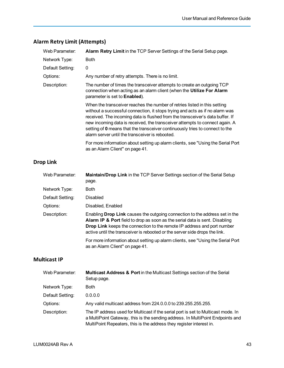 Alarm retry limit (attempts), Drop link, Multicast ip | Baseline Systems FreeWave Ethernet Radio User Manual | Page 59 / 160