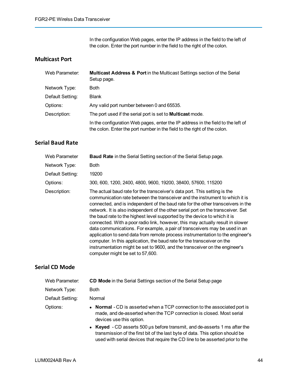 Multicast port, Serial baud rate, Serial cd mode | Baseline Systems FreeWave Ethernet Radio User Manual | Page 60 / 160