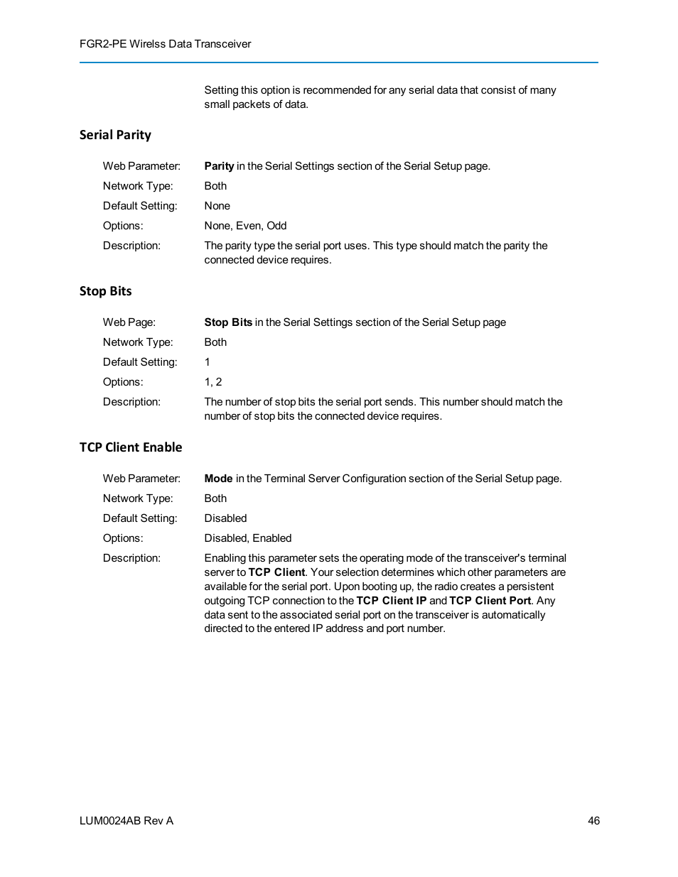 Serial parity, Stop bits, Tcp client enable | Baseline Systems FreeWave Ethernet Radio User Manual | Page 62 / 160