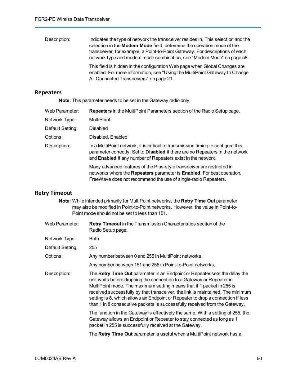 Repeaters, Retry timeout | Baseline Systems FreeWave Ethernet Radio User Manual | Page 76 / 160