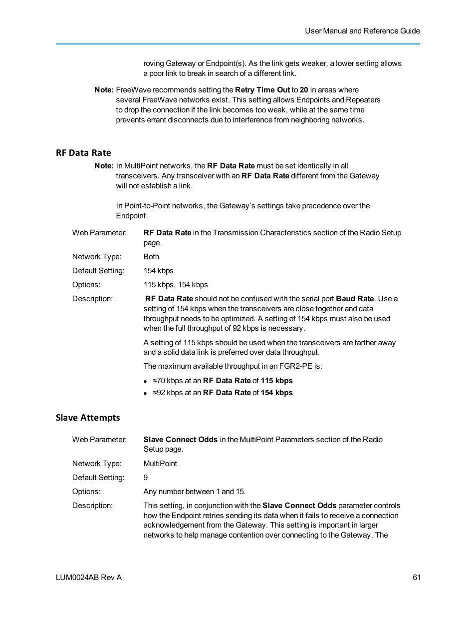 Rf data rate, Slave attempts | Baseline Systems FreeWave Ethernet Radio User Manual | Page 77 / 160