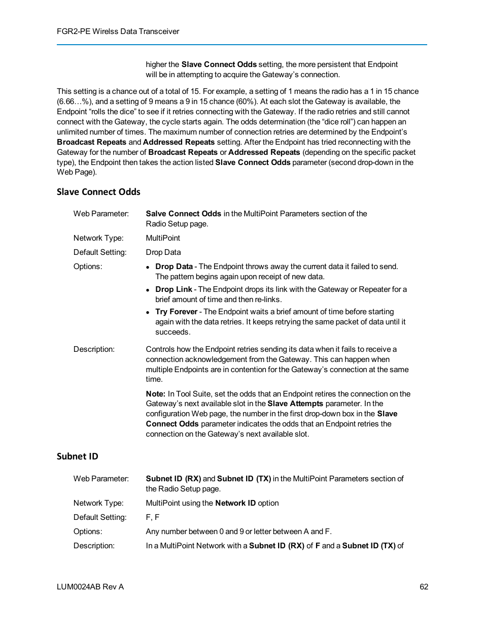 Slave connect odds, Subnet id | Baseline Systems FreeWave Ethernet Radio User Manual | Page 78 / 160