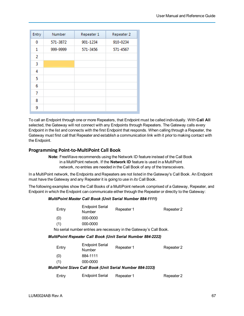 Programming point-to-multipoint call book | Baseline Systems FreeWave Ethernet Radio User Manual | Page 83 / 160