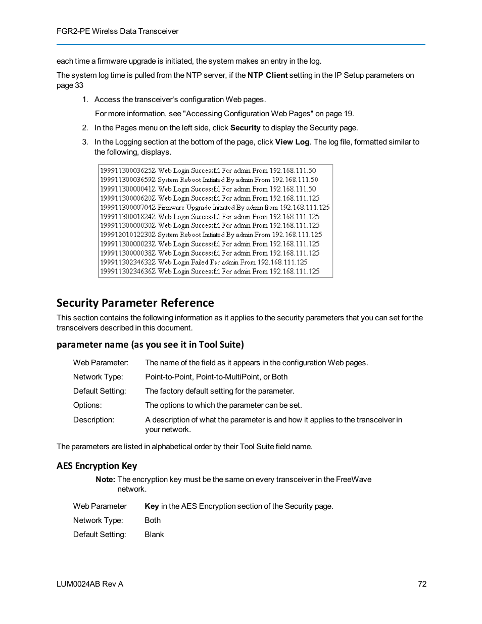 Security parameter reference, Aes encryption key, Parameter name (as you see it in tool suite) | Baseline Systems FreeWave Ethernet Radio User Manual | Page 88 / 160