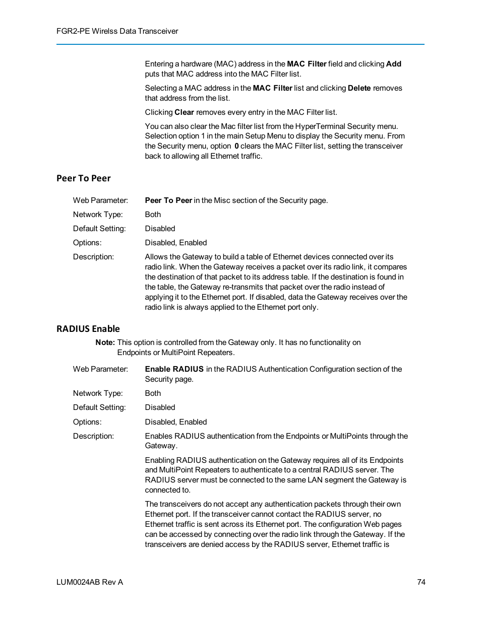 Peer to peer, Radius enable | Baseline Systems FreeWave Ethernet Radio User Manual | Page 90 / 160