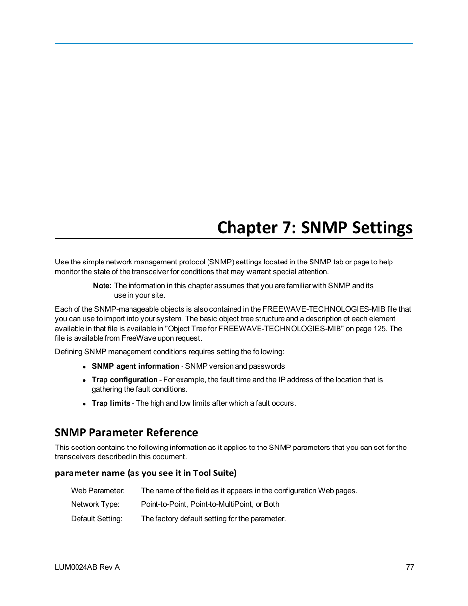 Chapter 7: snmp settings, Snmp parameter reference, Parameter name (as you see it in tool suite) | Baseline Systems FreeWave Ethernet Radio User Manual | Page 93 / 160