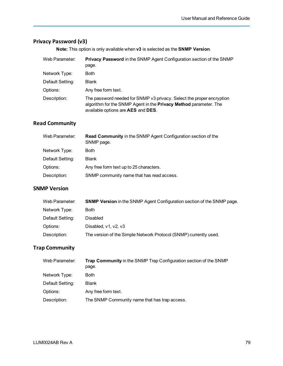 Privacy password (v3), Read community, Snmp version | Trap community | Baseline Systems FreeWave Ethernet Radio User Manual | Page 95 / 160