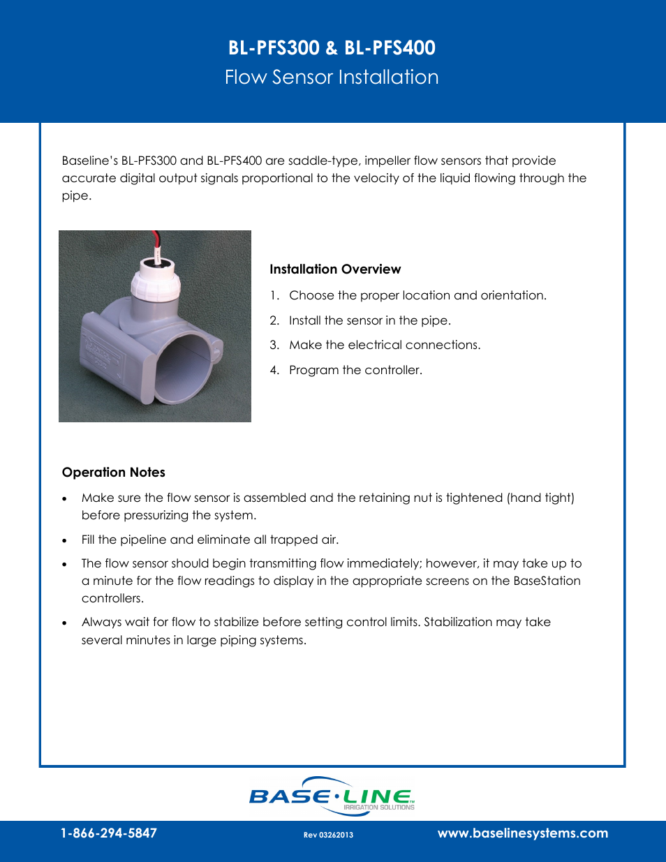 Baseline Systems BL-PFS400 Flow Sensor User Manual | 5 pages