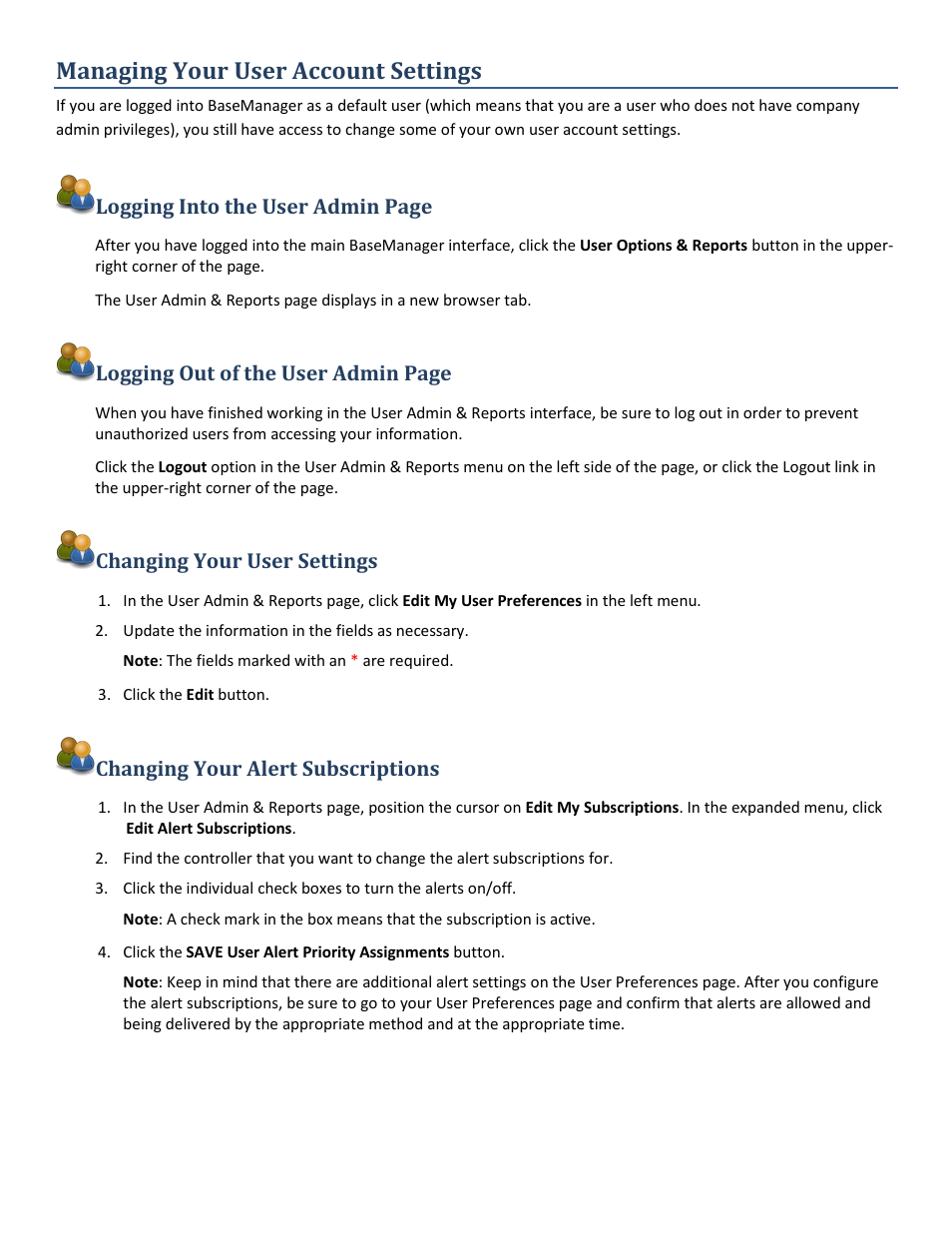 Managing your user account settings, Changing your user settings, Changing your alert subscriptions | Baseline Systems BaseManager 2.0 User Manual | Page 10 / 32