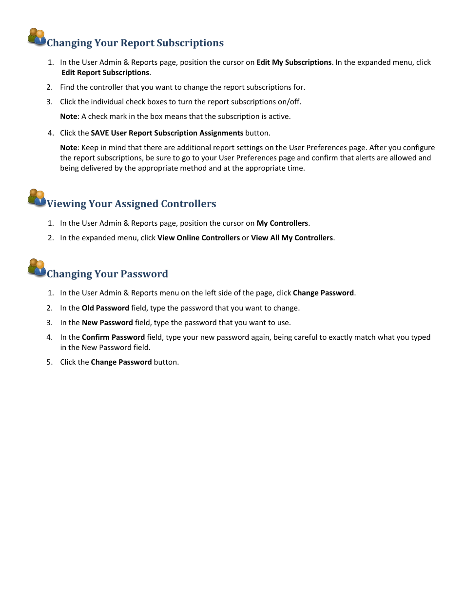 Changing your report subscriptions, Viewing your assigned controllers, Changing your password | Baseline Systems BaseManager 2.0 User Manual | Page 11 / 32