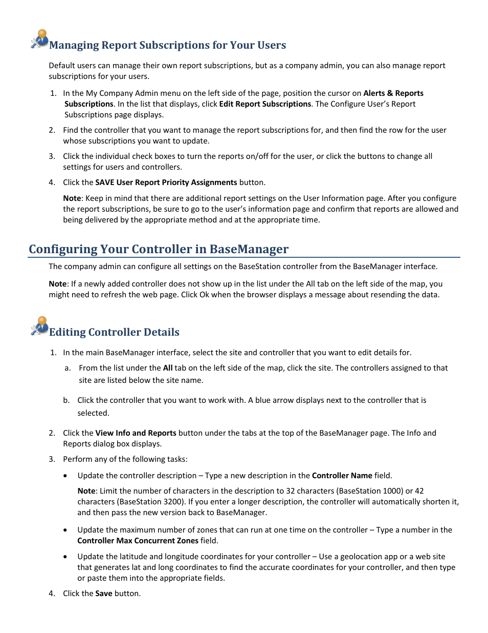 Managing report subscriptions for your users, Configuring your controller in basemanager, Editing controller details | Managing report subscriptions | Baseline Systems BaseManager 2.0 User Manual | Page 13 / 32