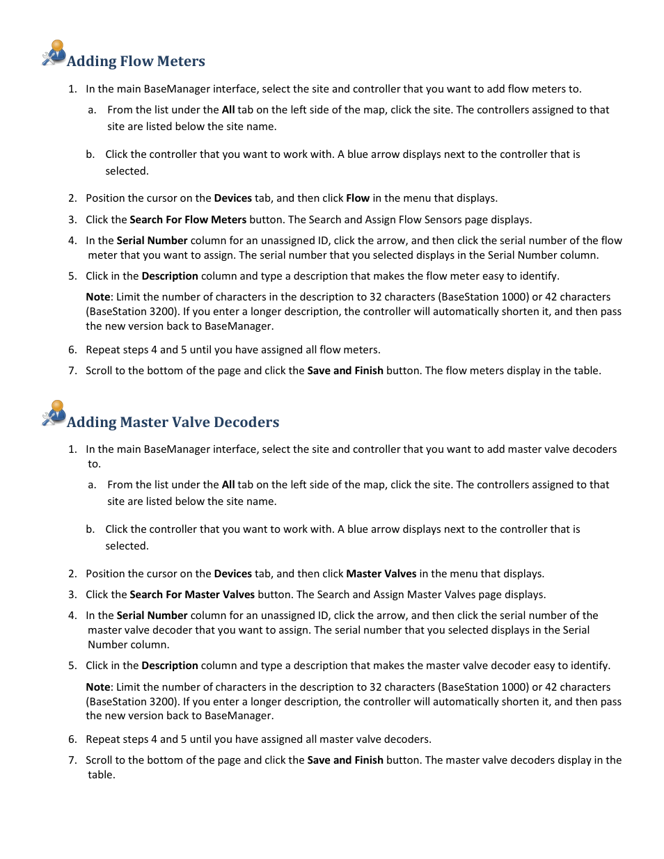 Adding flow meters, Adding master valve decoders | Baseline Systems BaseManager 2.0 User Manual | Page 15 / 32
