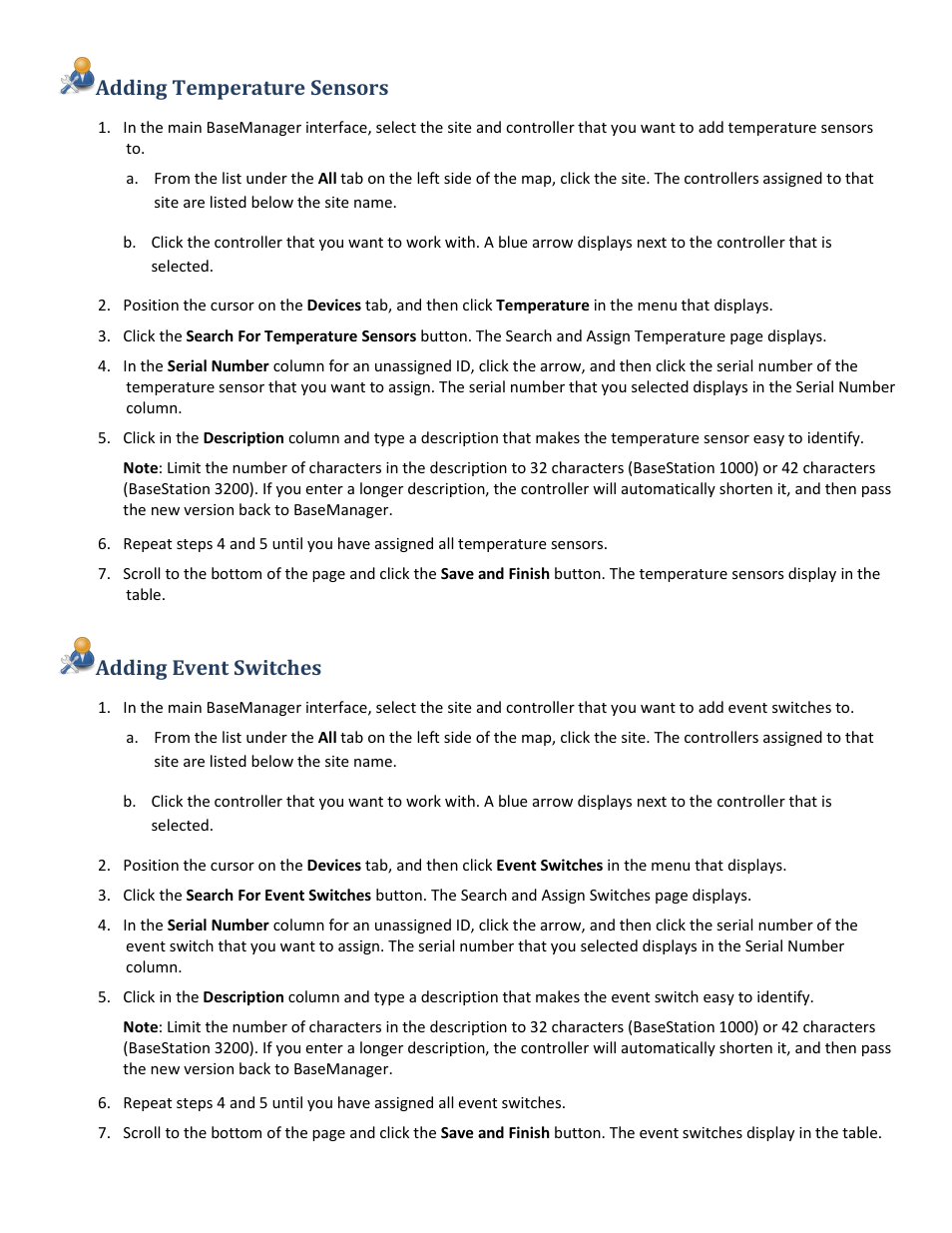 Adding temperature sensors, Adding event switches | Baseline Systems BaseManager 2.0 User Manual | Page 16 / 32