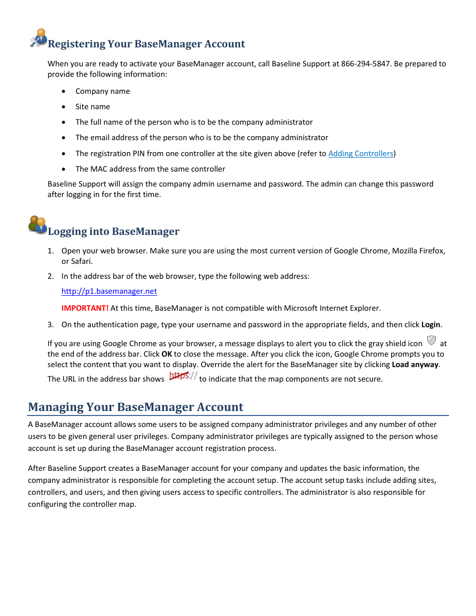 Registering your basemanager account, Logging into basemanager, Managing your basemanager account | Baseline Systems BaseManager 2.0 User Manual | Page 2 / 32