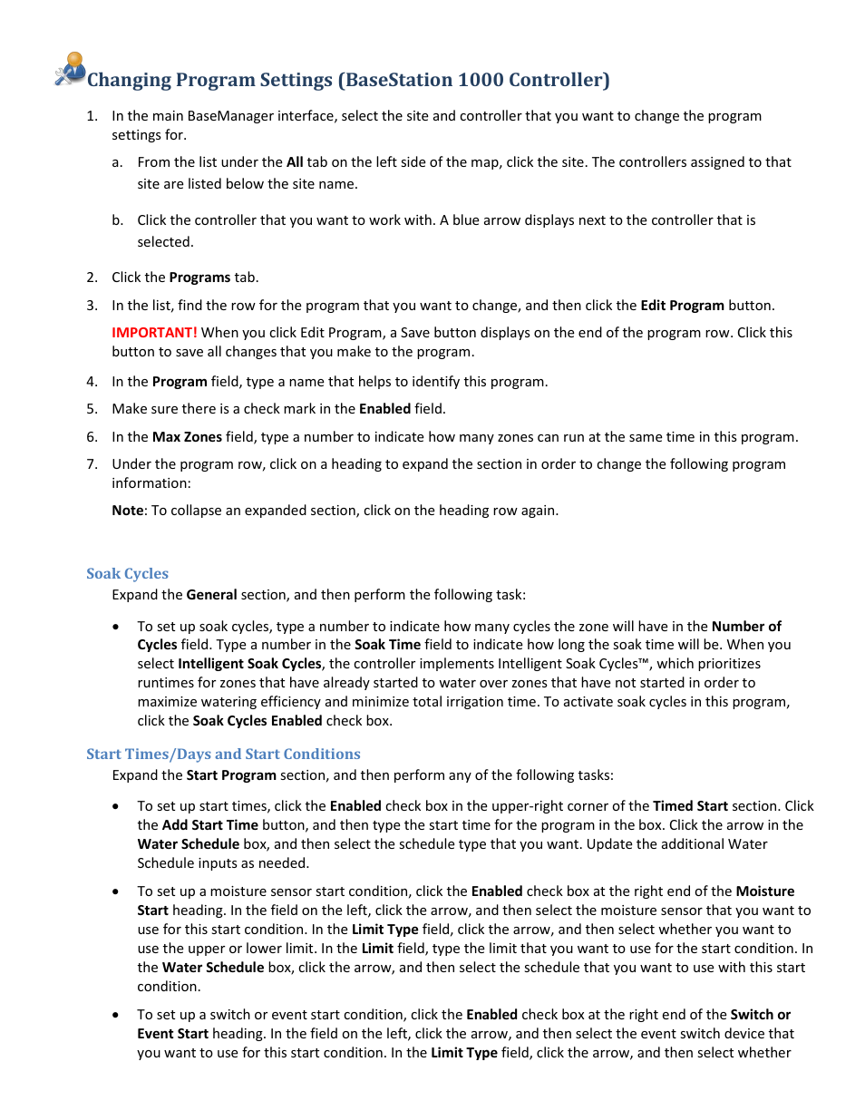 Soak cycles, Start times/days and start conditions | Baseline Systems BaseManager 2.0 User Manual | Page 21 / 32