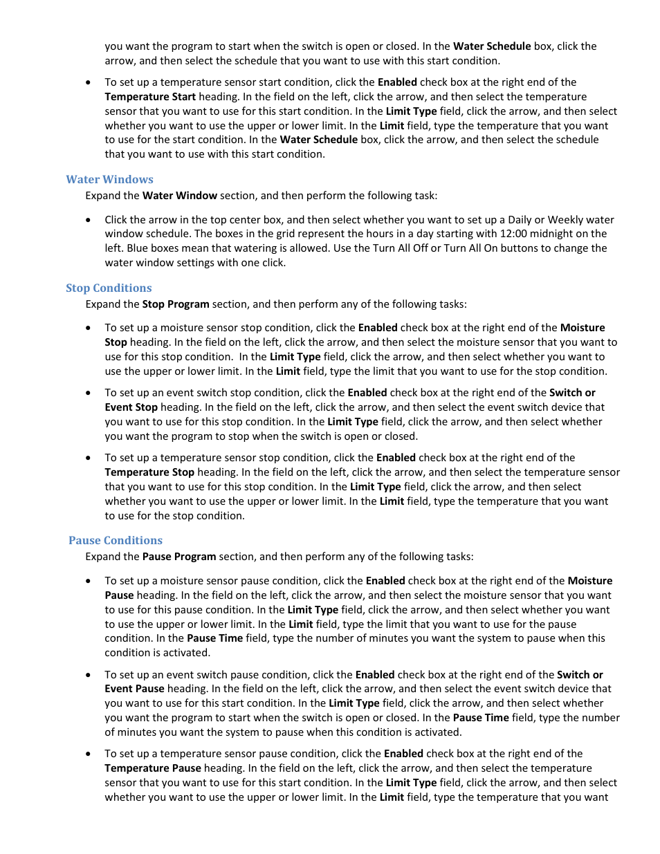 Water windows, Stop conditions, Pause conditions | Baseline Systems BaseManager 2.0 User Manual | Page 22 / 32