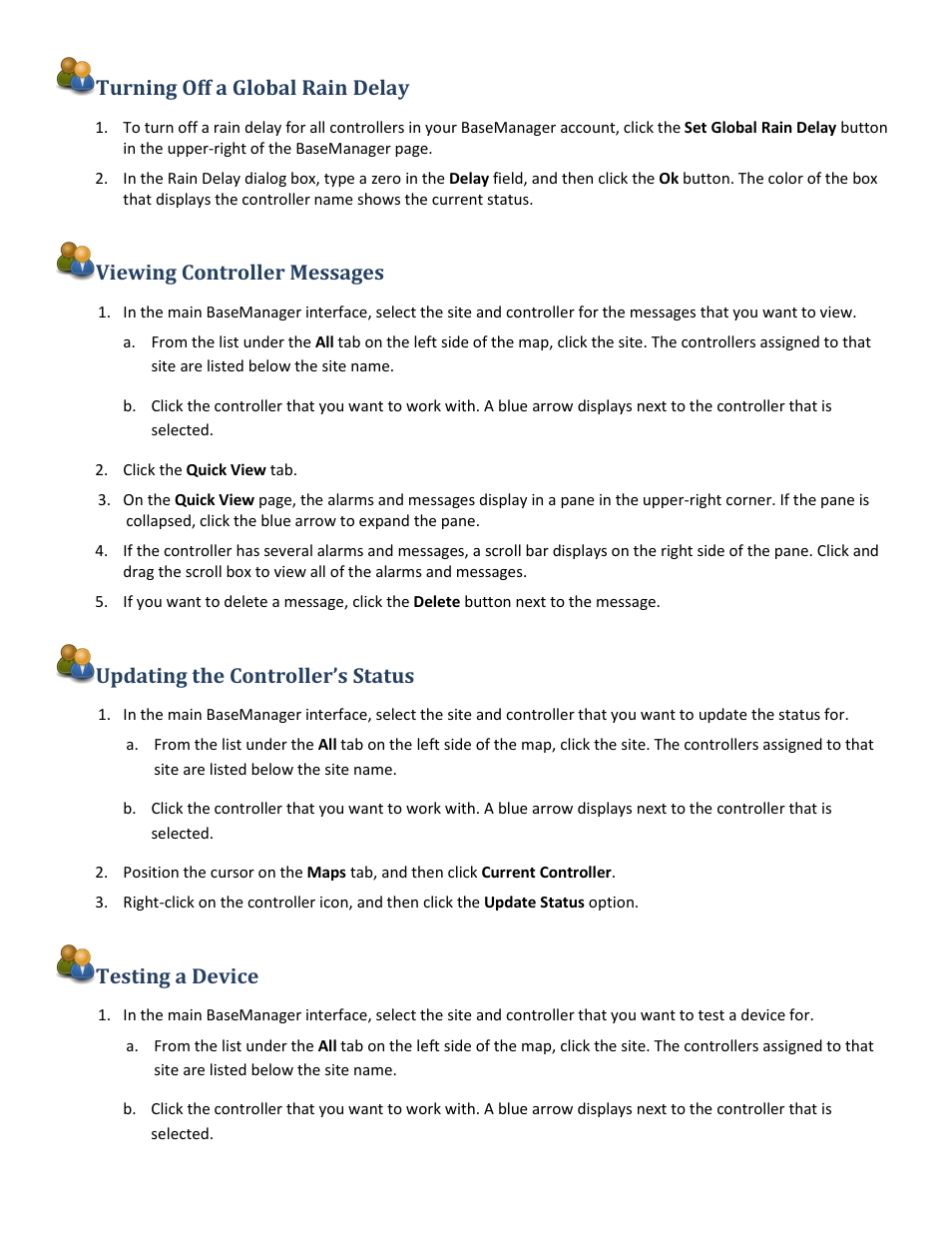 Turning off a global rain delay, Viewing controller messages, Updating the controller’s status | Testing a device | Baseline Systems BaseManager 2.0 User Manual | Page 28 / 32