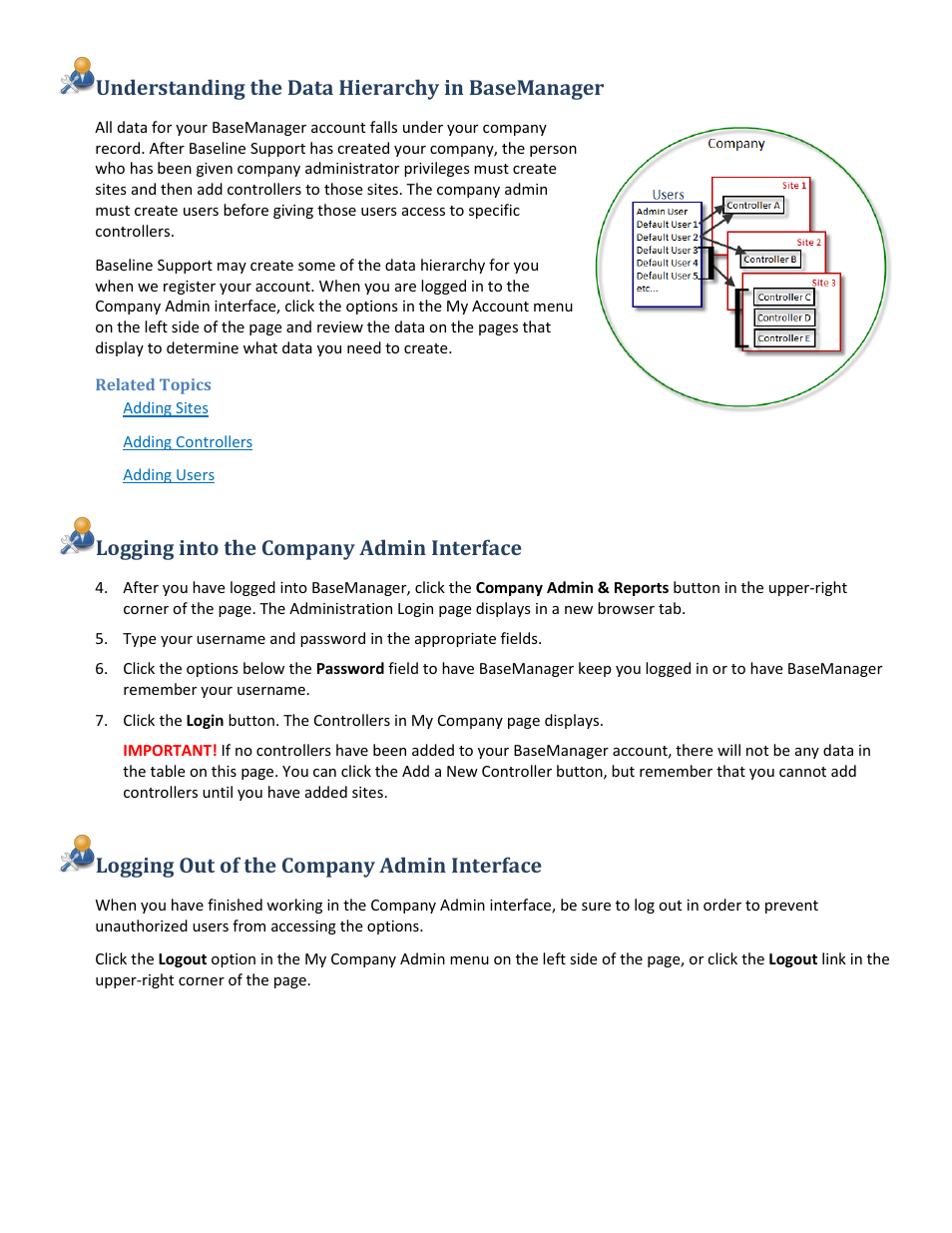 Understanding the data hierarchy in basemanager, Related topics, Logging into the company admin interface | Logging out of the company admin interface | Baseline Systems BaseManager 2.0 User Manual | Page 3 / 32
