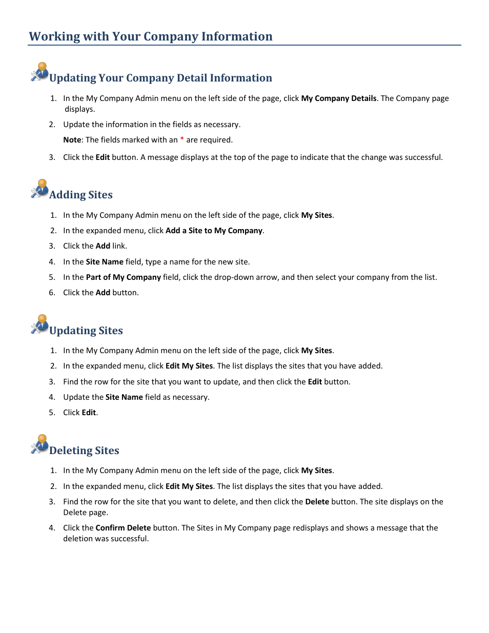 Working with your company information, Updating your company detail information, Adding sites | Updating sites, Deleting sites | Baseline Systems BaseManager 2.0 User Manual | Page 4 / 32