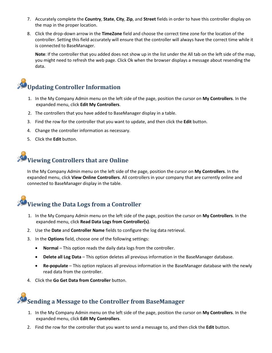Updating controller information, Viewing controllers that are online, Viewing the data logs from a controller | Baseline Systems BaseManager 2.0 User Manual | Page 6 / 32