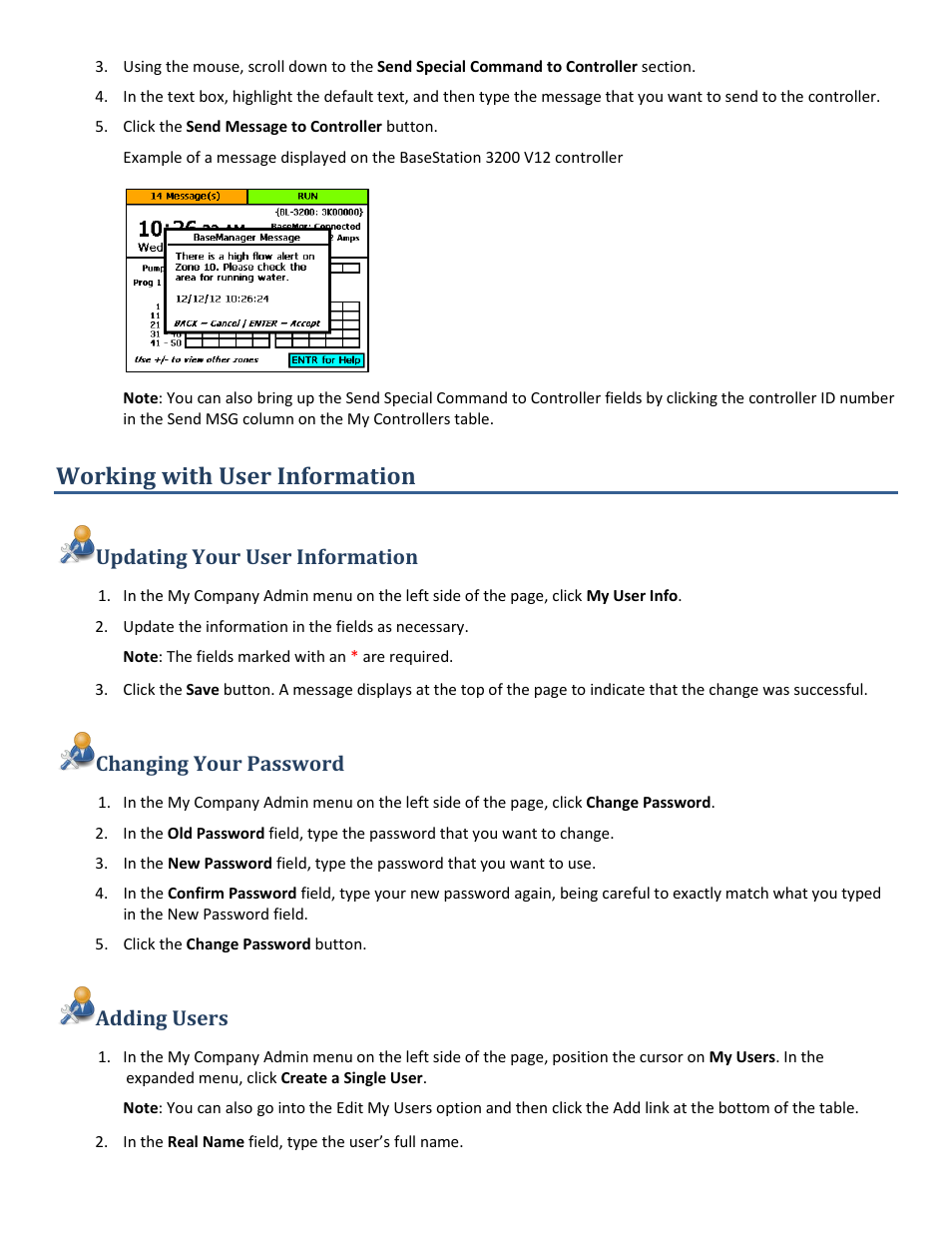 Working with user information, Updating your user information, Changing your password | Adding users | Baseline Systems BaseManager 2.0 User Manual | Page 7 / 32