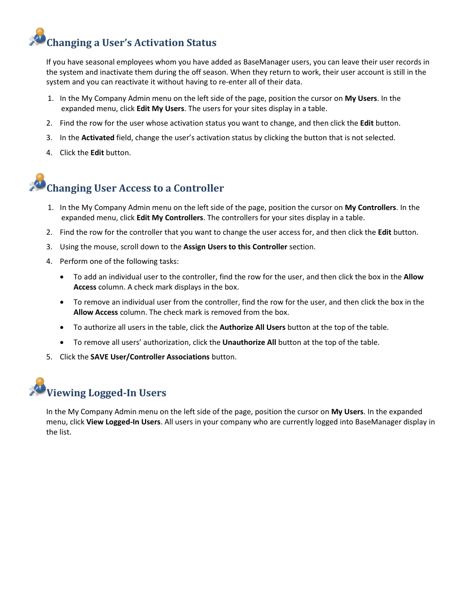 Changing a user’s activation status, Changing user access to a controller, Viewing logged-in users | Baseline Systems BaseManager 2.0 User Manual | Page 9 / 32