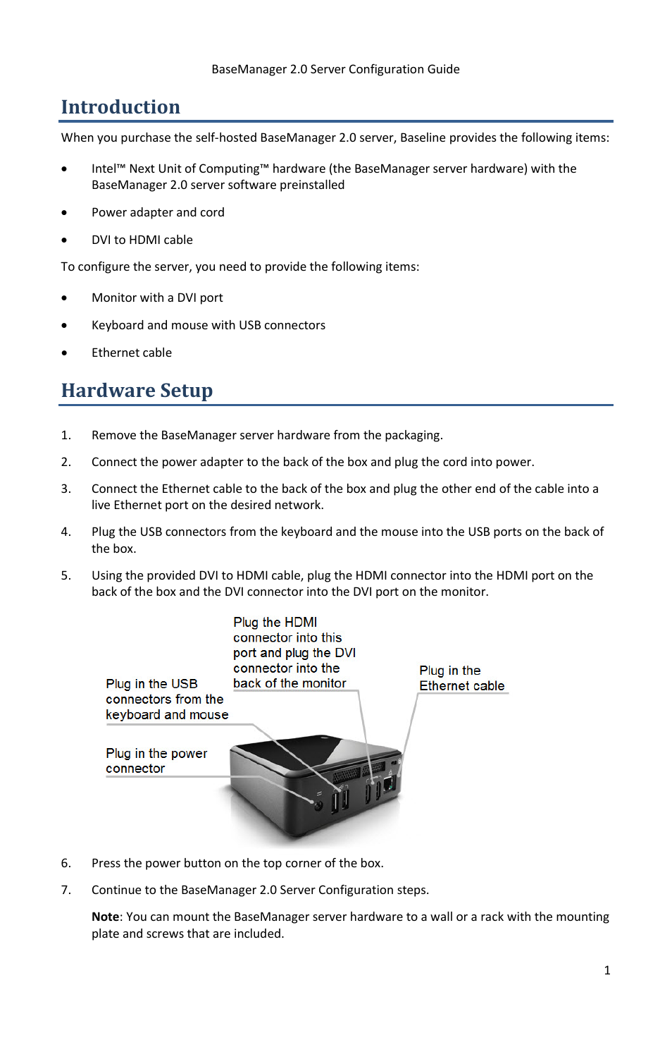 Introduction, Hardware setup | Baseline Systems BaseManager 2.0 User Manual | Page 5 / 13