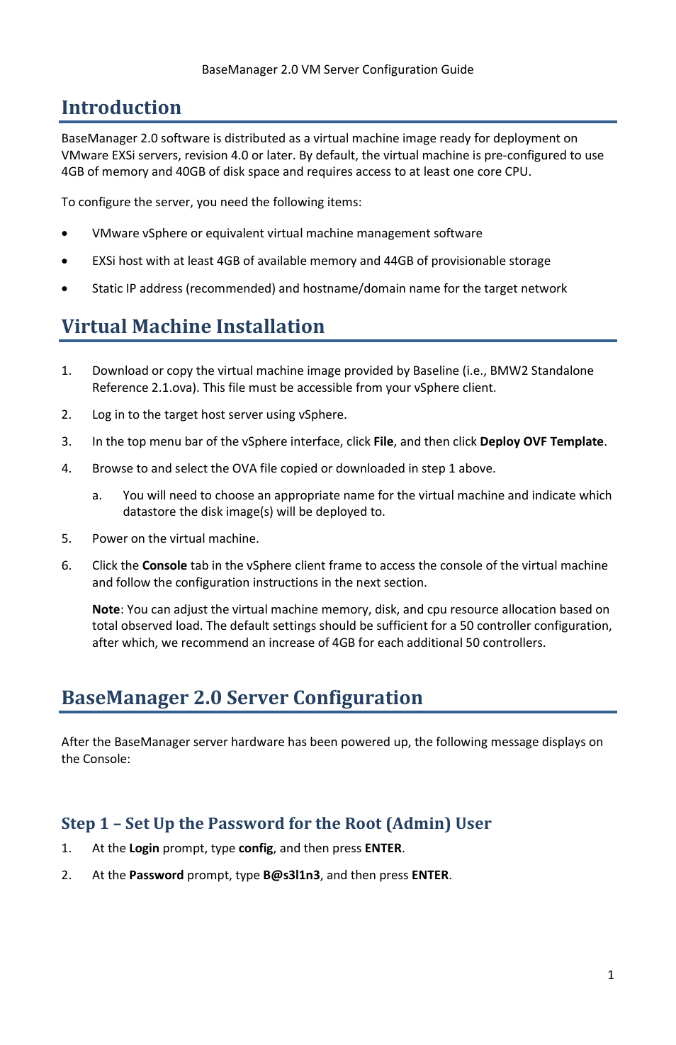 Introduction, Virtual machine installation, Basemanager 2.0 server configuration | Baseline Systems BaseManager 2.0 VM User Manual | Page 5 / 12