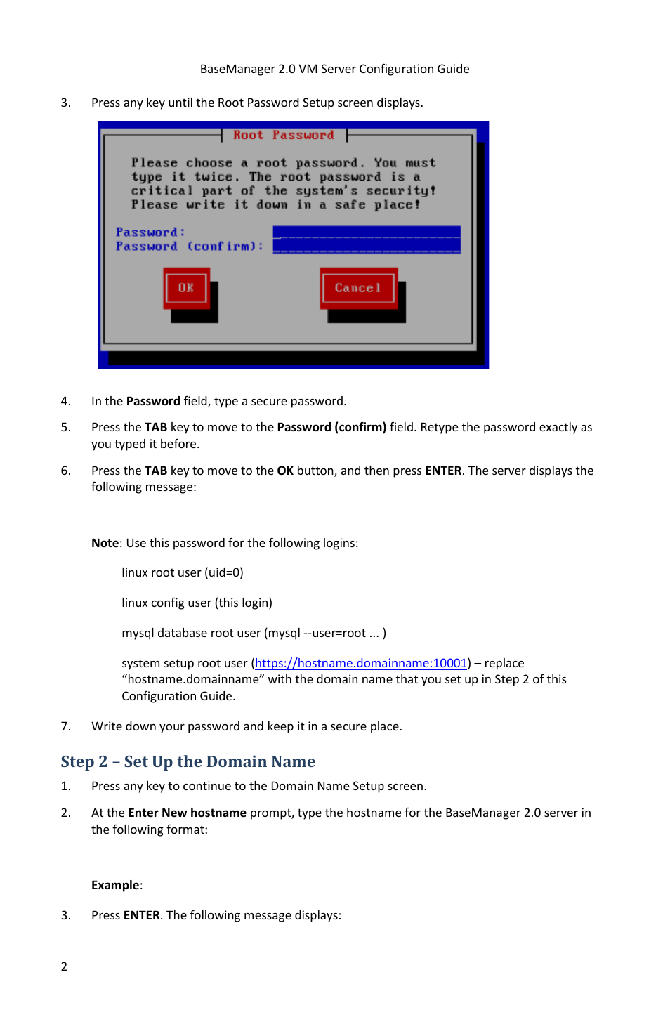 Step 2 – set up the domain name | Baseline Systems BaseManager 2.0 VM User Manual | Page 6 / 12