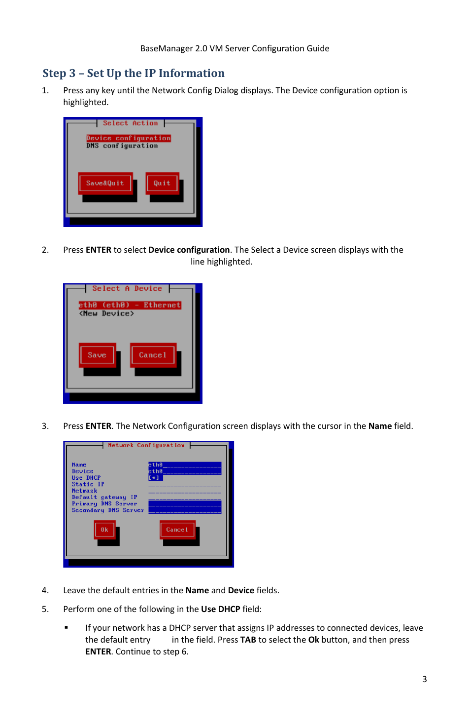 Step 3 – set up the ip information | Baseline Systems BaseManager 2.0 VM User Manual | Page 7 / 12