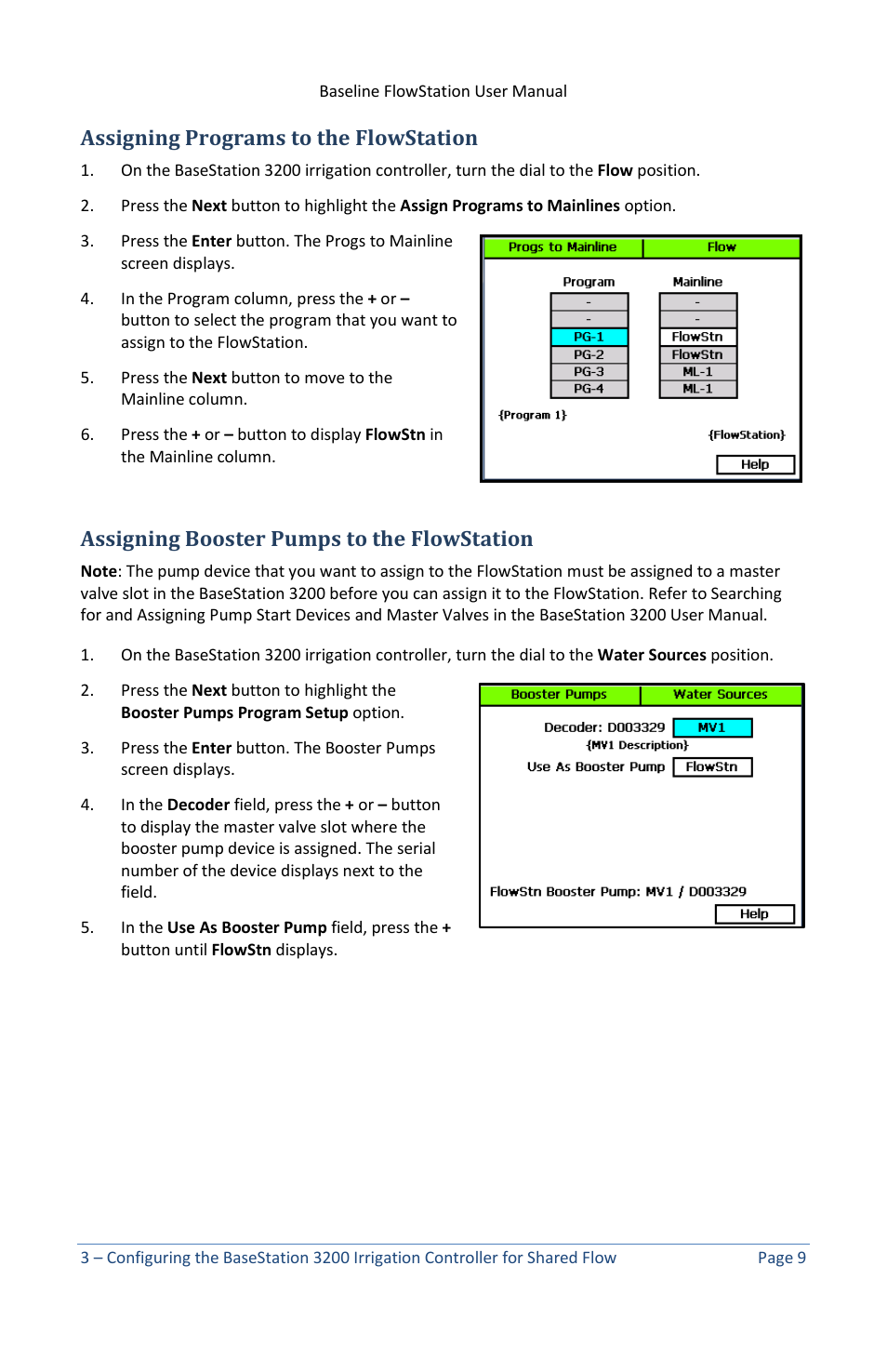 Assigning programs to the flowstation, Assigning booster pumps to the flowstation, E 9) | Baseline Systems FlowStation User Manual | Page 13 / 41
