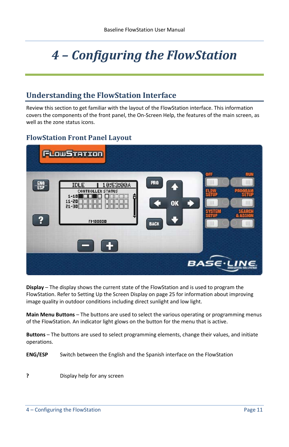 4 – configuring the flowstation, Understanding the flowstation interface, Flowstation front panel layout | Baseline Systems FlowStation User Manual | Page 15 / 41