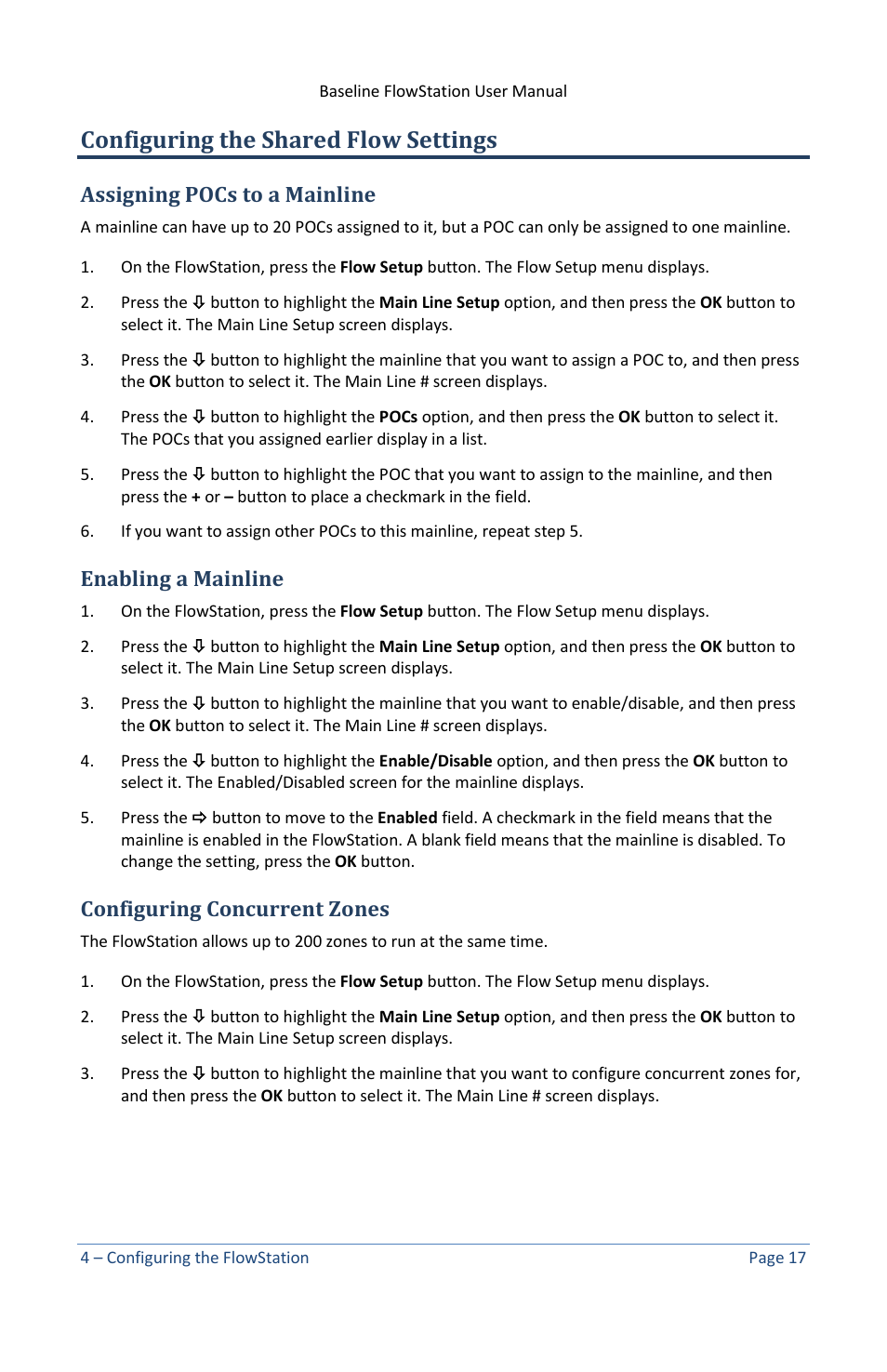 Configuring the shared flow settings, Assigning pocs to a mainline, Enabling a mainline | Configuring concurrent zones | Baseline Systems FlowStation User Manual | Page 21 / 41