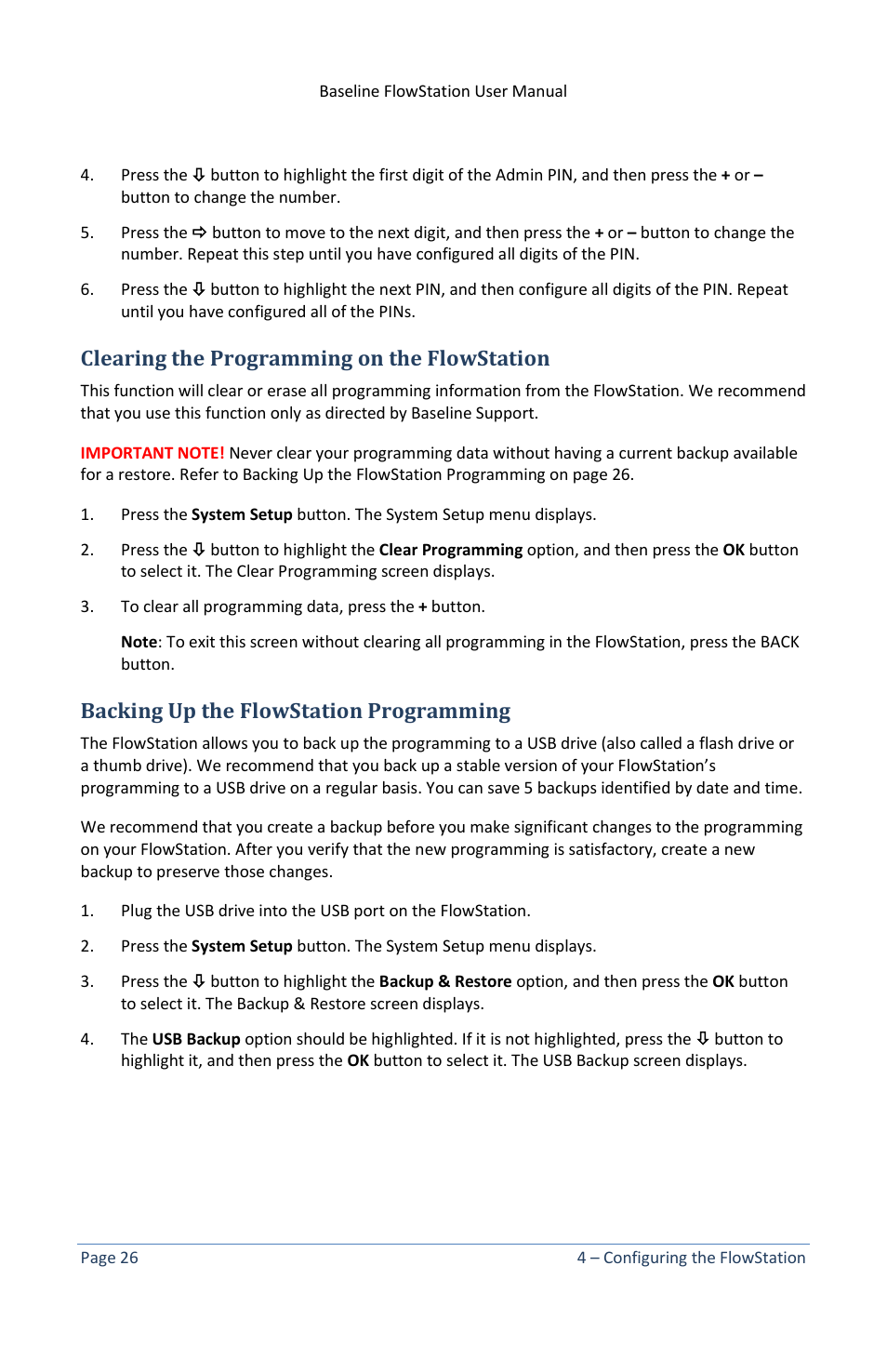 Clearing the programming on the flowstation, Backing up the flowstation programming | Baseline Systems FlowStation User Manual | Page 30 / 41