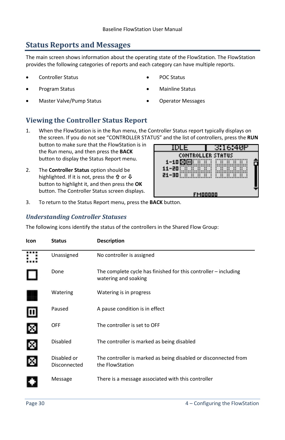 Status reports and messages, Viewing the controller status report, Understanding controller statuses | Baseline Systems FlowStation User Manual | Page 34 / 41