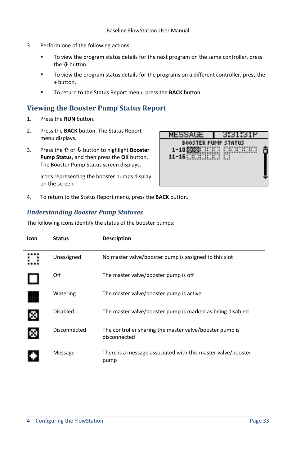Viewing the booster pump status report, Understanding booster pump statuses | Baseline Systems FlowStation User Manual | Page 37 / 41