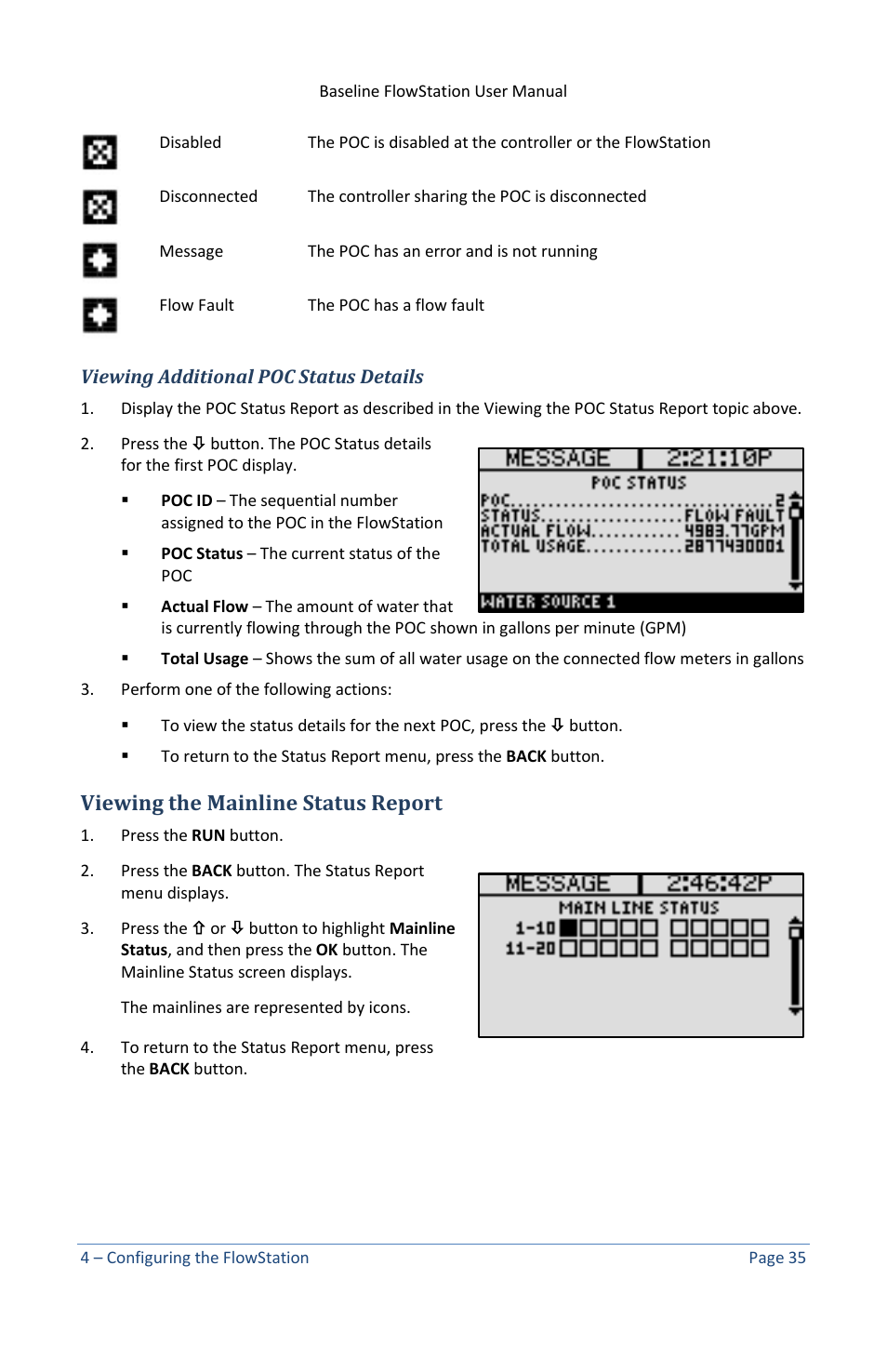 Viewing additional poc status details, Viewing the mainline status report | Baseline Systems FlowStation User Manual | Page 39 / 41