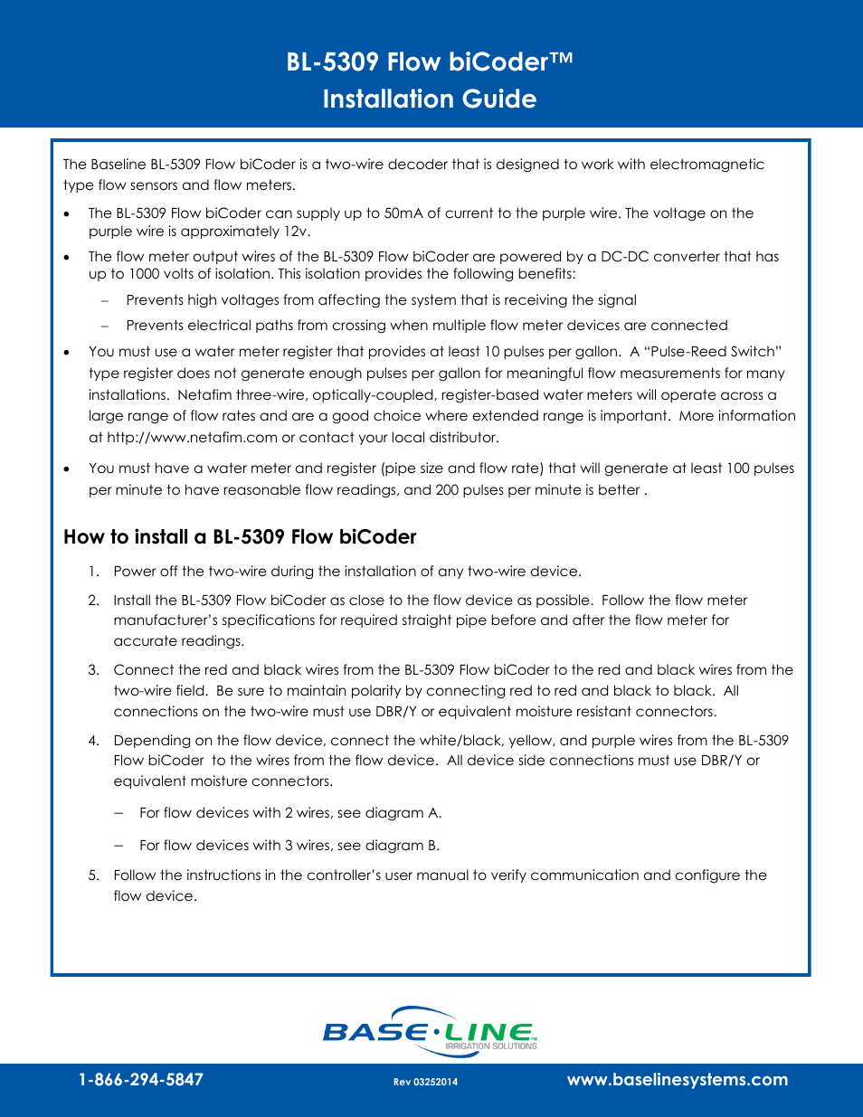 Baseline Systems BL-5309 Flow biCoder User Manual | 3 pages