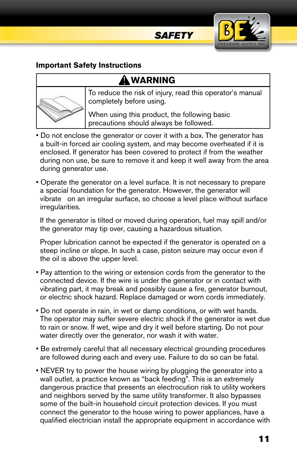 Safety, Warning | BE Pressure supply 6800 Watt Generator BE6800HER User Manual | Page 11 / 32